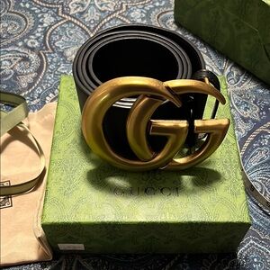GG Black Leather Belt with Gold GG Emblem